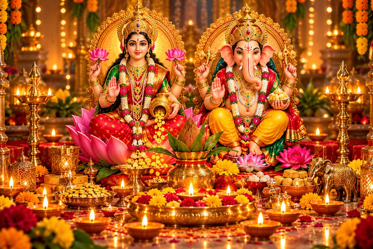 Diwali 2026 Lakshmi Puja: Goddess Lakshmi and Lord Ganesha on a decorated altar with diyas, lotus flowers, a kalash, gold coins and marigolds